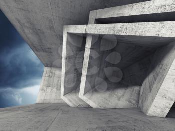 Concrete room interior with cubic structures and dark cloudy sky outside. Abstract architecture background, 3d illustration
