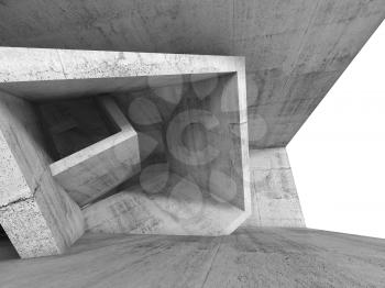 Concrete room interior with chaotic cubic structures and empty window. Abstract architecture background, 3d illustration