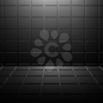 Abstract black shining digital interior background with square relief pattern, 3d illustration