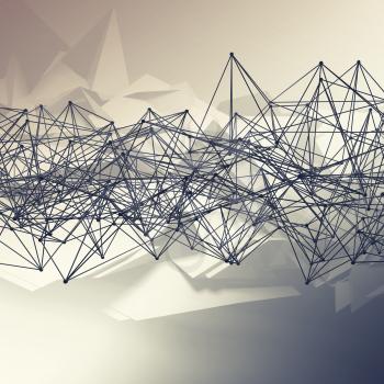 Abstract futuristic polygonal structure and wire-frame lattice mesh. Toned square 3d render illustration