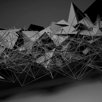 Abstract futuristic polygonal structure with wire-frame mesh. Dark square 3d render illustration