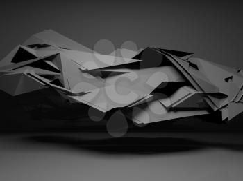 Abstract black digital background, interior with dark chaotic polygonal structure, 3d render illustration