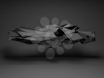 Abstract black digital background, interior with dark flying polygonal object, 3d render illustration
