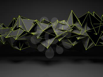 Abstract futuristic polygonal structure with bright green wire-frame lines in dark room interior, 3d render illustration
