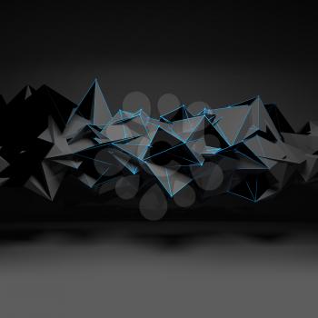 Abstract futuristic polygonal structure with blue wire-frame lines in dark room interior, 3d render illustration