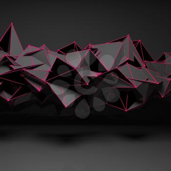 Abstract futuristic polygonal structure with bright pink wire-frame lines in dark room interior, 3d render illustration