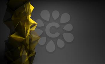 Abstract digital background, yellow chaotic polygonal structure over black wall, 3d render illustration