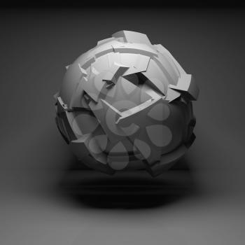 Abstract flying spherical object with chaotic fragmentation surface in black empty room interior, 3d render illustration
