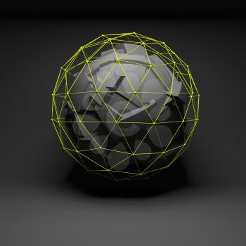Abstract spherical object with chaotic fragmentation surface covered with bright green lattice wire-frame mesh, digital protection concept, 3d render illustration
