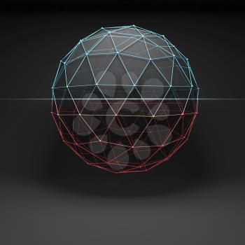 Abstract polygonal spherical object covered with colorful lattice wire-frame mesh, 3d render illustration