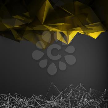 Abstract digital square background. Futuristic yellow polygonal structure with wire-frame lines over black background, 3d render illustration