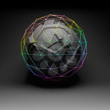 Abstract chaotically fragmented polygonal spherical object covered with colorful lattice wire-frame mesh, 3d render illustration