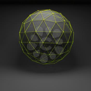 Abstract polygonal spherical object with green lattice wire-frame mesh, 3d render illustration