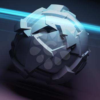 Abstract spherical object with chaotic fragmentation surface with blue light rays, 3d render illustration