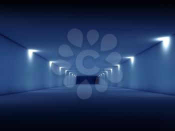 Abstract long dark empty tunnel interior with blue lights illumination. Digital 3d render illustration