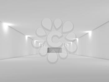 Abstract long empty white tunnel interior with soft lights. Digital 3d render illustration