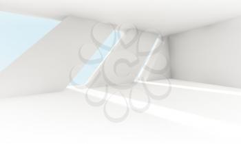 Abstract empty white interior with windows and sunlight rays. Modern architecture background, 3d illustration