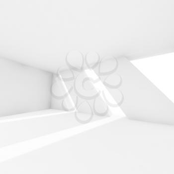 Abstract empty white interior with windows and sunlight rays. Modern architecture background, 3d render illustration