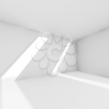 Abstract white interior with windows and sunlight rays. Empty architecture background, 3d render illustration