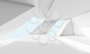 Abstract white room interior with window and futuristic geometric structures. Empty architecture background, 3d render illustration