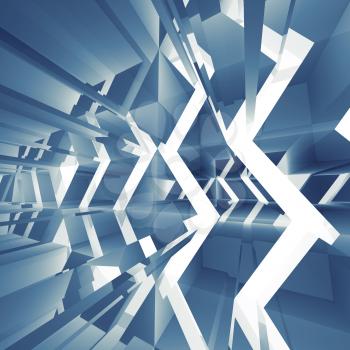 Abstract blue square digital background with chaotically light structures and reflections pattern, 3d illustration