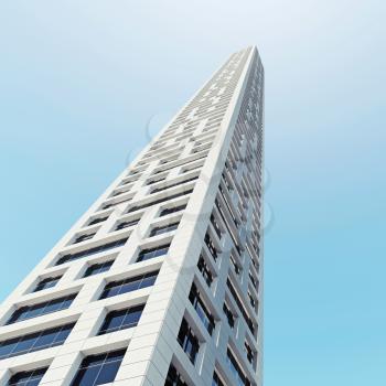Abstract modern skyscraper architecture. Office tower perspective over blue sky. 3d render illustration