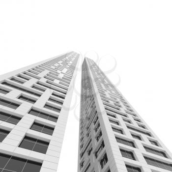 Abstract modern architecture. Two white office towers perspective isolated on white background. 3d render illustration