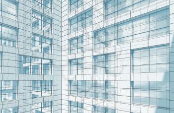 Blue abstract modern architecture background with wire-frame lines, 3d render illustration