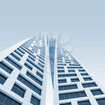 Abstract modern architecture. Two twisted towers perspective. 3d render illustration