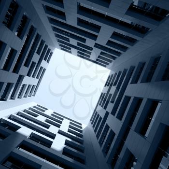 Abstract modern architecture. Dark Inner space of tall modern office tower. 3d render illustration