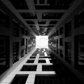 Abstract modern architecture. Inner courtyard of tall modern office tower. 3d render illustration