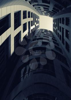 Abstract modern architecture. Dark inner courtyard of tall bent tower. 3d render illustration