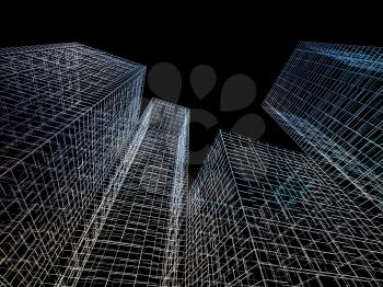 Abstract digital graphic background. Modern skyscrapers perspective. Colorful wire frame lines over black background. 3d render illustration