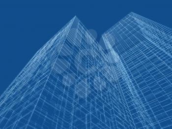 Abstract digital graphic background. Modern skyscrapers perspective. Wire frame lines over blue background. 3d render illustration