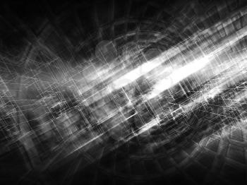 Abstract dark digital background, bright glowing chaotic structures, black and white 3d illustration 