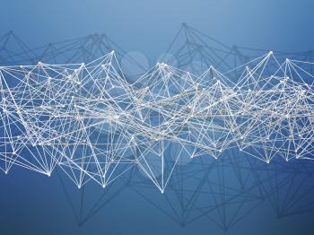 Abstract futuristic polygonal structure, white wire-frame lattice mesh over blue background. 3d render illustration