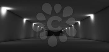Abstract long dark empty tunnel interior with spot lights illumination. Digital 3d render illustration
