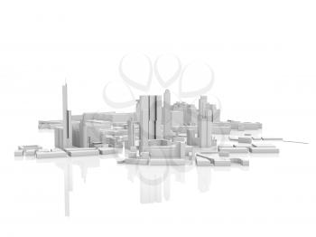 Abstract contemporary city, 3d render isolated on white background with soft reflection over ground