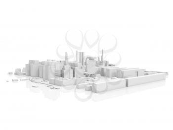 Abstract contemporary cityscape, 3d render isolated on white background with soft reflection over ground