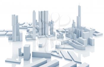 Abstract contemporary cityscape, blue toned 3d render illustration over white background with soft reflections over ground