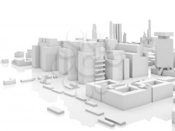 Abstract contemporary cityscape, 3d render illustration over white background with soft reflections over ground