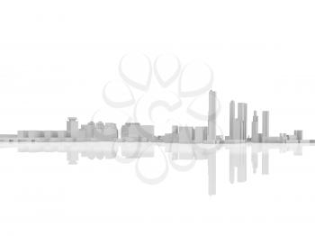 Abstract contemporary skyline, 3d illustration background isolated white with soft reflections over flat ground