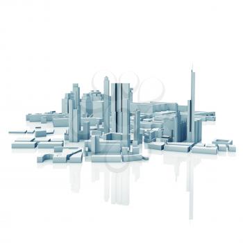 Abstract contemporary cityscape, blue toned 3d render isolated on white background with soft reflection over ground