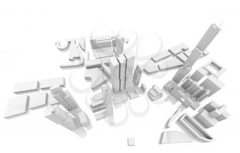 Abstract schematic white cityscape with tall skyscrapers isolated on white, 3d render illustration, bird eye view