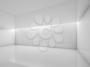 Abstract white contemporary interior, empty room with glossy walls and ceiling illumination. Digital 3d illustration, computer graphic