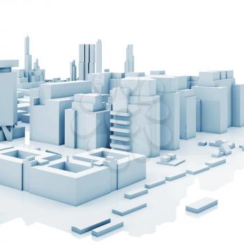 Abstract contemporary cityscape, blue toned 3d illustration isolated on white background with soft reflections over glossy ground