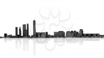 Abstract modern cityscape skyline. 3d model isolated on white background with reflections on glossy ground