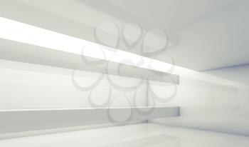 Abstract white contemporary interior, empty room with beams and soft illumination. Digital 3d illustration, computer graphic