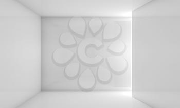 Abstract white contemporary interior, front view of an empty room with soft illumination. Digital 3d illustration, computer graphic