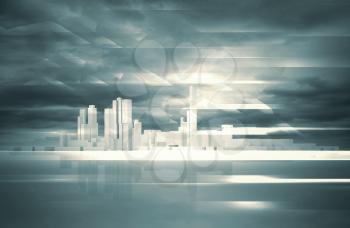 Abstract contemporary background. Cityscape skyline, dramatic sky and polygonal structures layer. Blue toned digital 3d render illustration